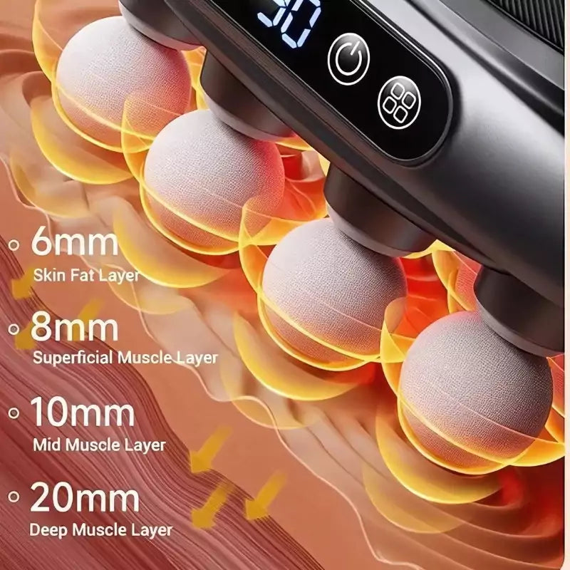 Handheld device with digital display and text indicating depth settings on a detailed anatomical background.