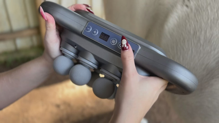 Video demonstrating how to turn on the Paws Paws massager, showing the power button and device activating.