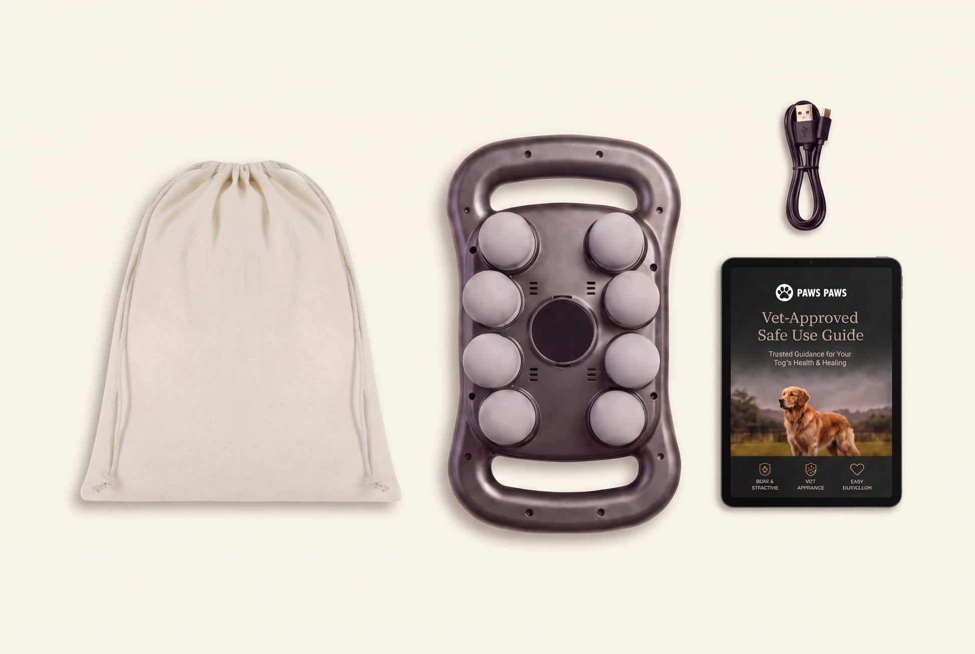A pet massage gun set laid out on a light cream background, including a beige drawstring storage bag, a dark gray handheld massage device with white massage balls, a black USB charging cable, and a black Pet Paws Vet-Approved Safe Use Guide booklet.